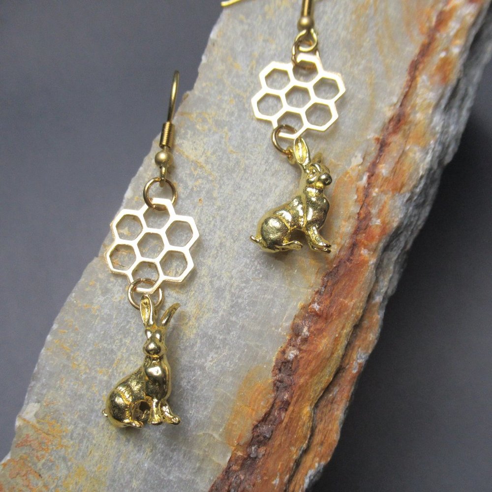 Honey Bunny Earrings, Golden Brass Rabbit Charms